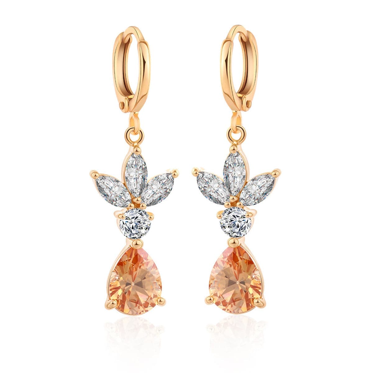 Champagne Crystal & Goldtone Flower Teardrop Earrings
