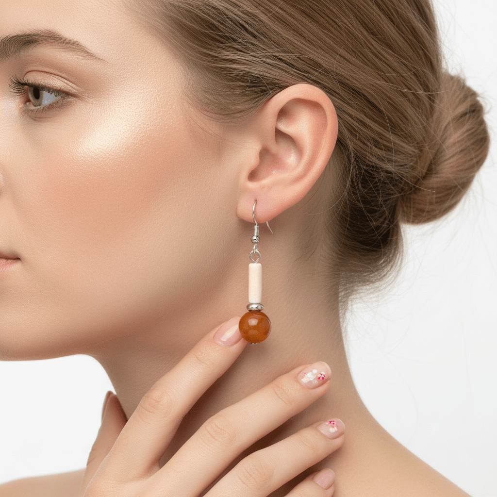 Orange Jade & Silvertone Cylinder Ball Hook Earrings