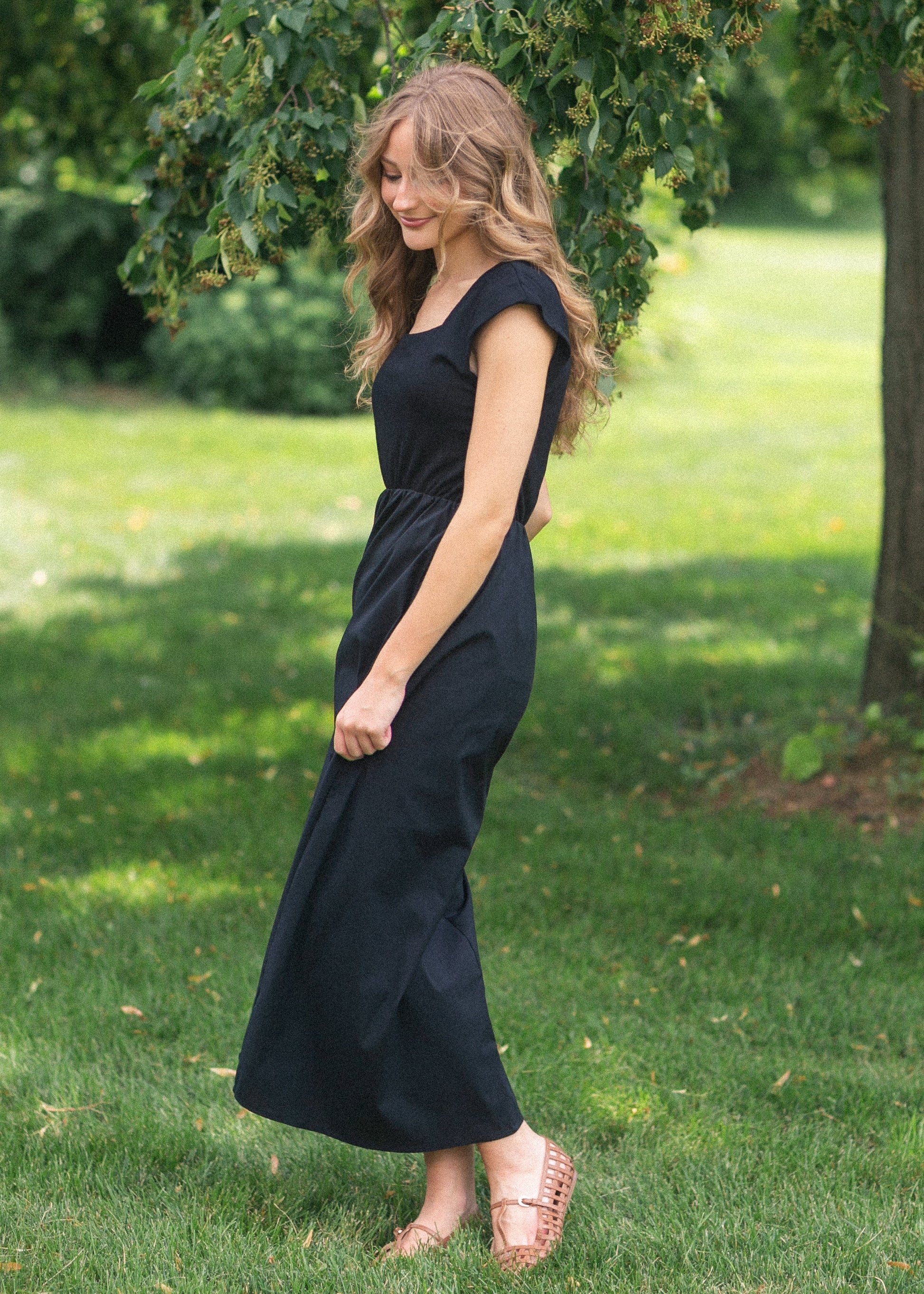 maxi a line dresses for women Royal Blue Cotton Poplin A-Line Deep Neck Maxi Tier Dress 44" / Custom Height (Free)