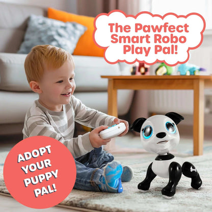 Black and white robot dog, white remoted, black, red, blue and gray food-