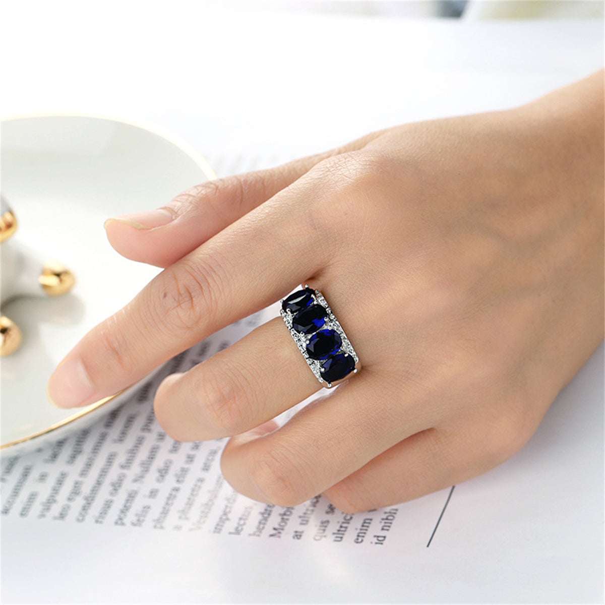 Navy Crystal & Silvertone Four-Stone Prong-Set Ring-1