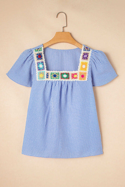 Threaded Pear Marisol Stripe Textured Ruffle Square Neck Blouse