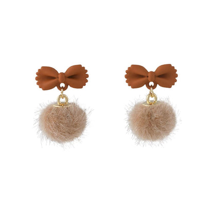 Coffee Enamel & Pompom Goldtone Bow Ball Dangle Earring