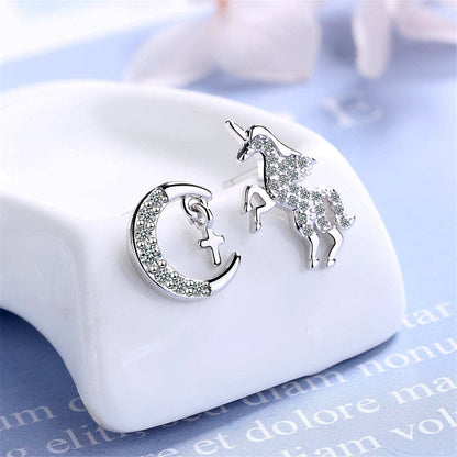 Cubic Zirconia & Silvertone Moon & Unicorn Stud Earrings