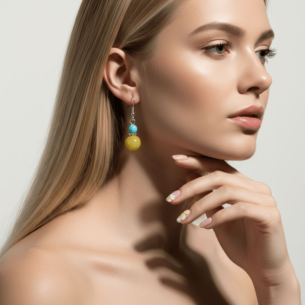Yellow Jade & Turqouise Silvertone ‌Gourd-Shape Hook Earrings