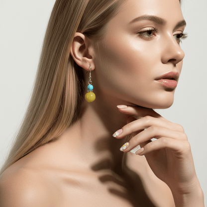 Yellow Jade & Turqouise Silvertone ‌Gourd-Shape Hook Earrings
