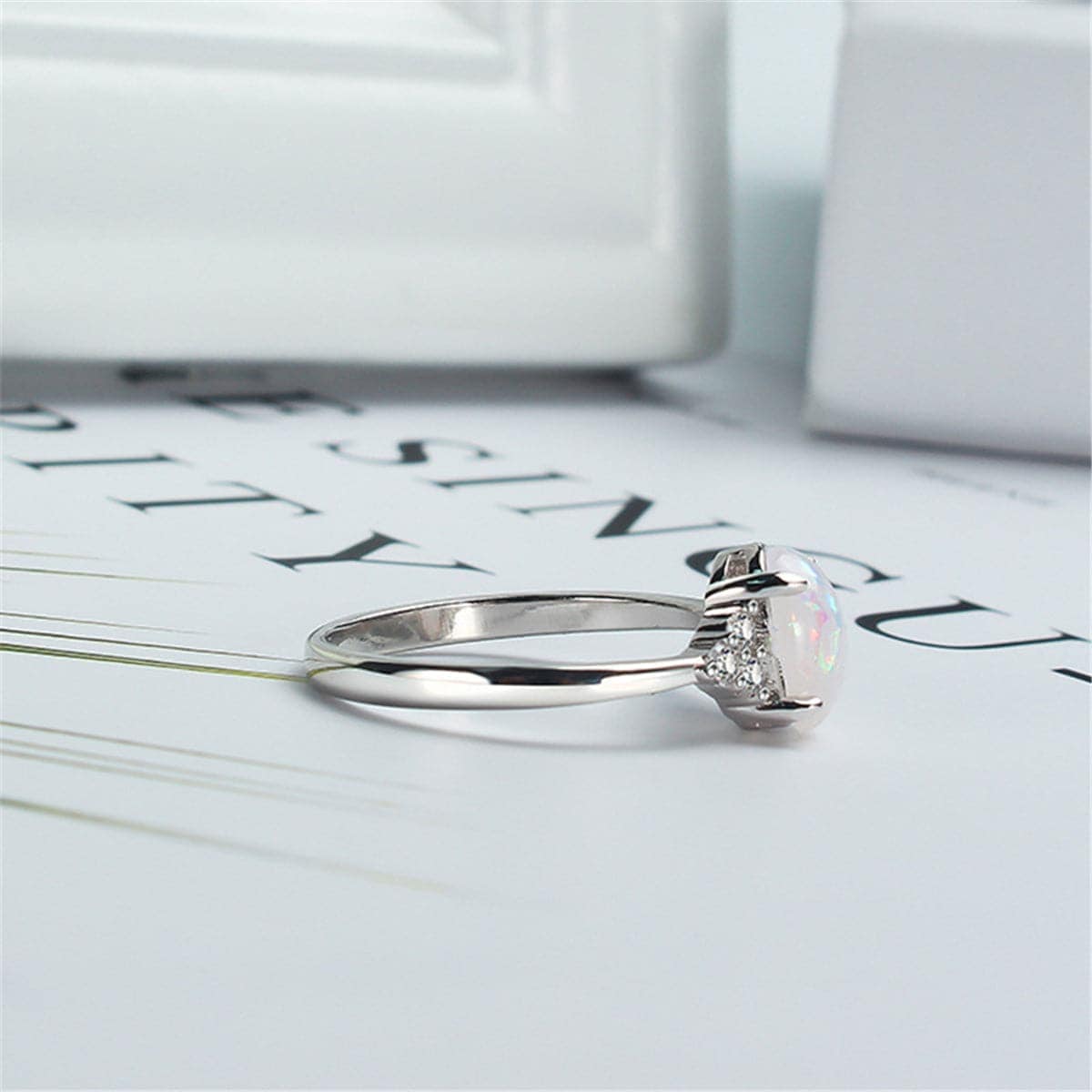 White Opal & Cubic Zirconia Oval-Cut Prong-Set Ring