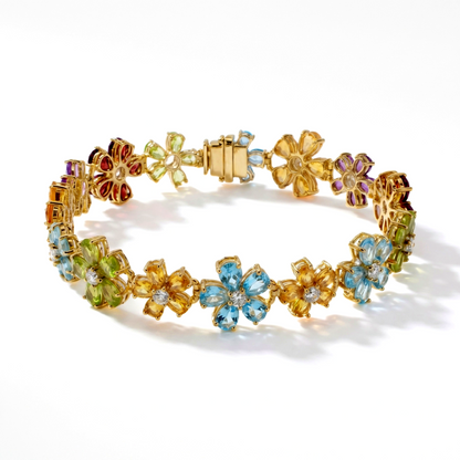 20.9 Ct Rainbow Multi-Gemstone Prong Yellow Gold Plated Silver Floral Cluster Inline Box Clasp Tennis Bracelet