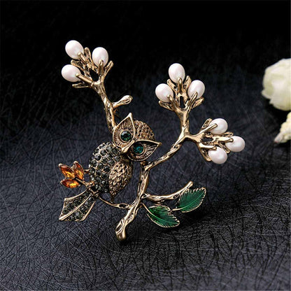 Pearl & Cubic Zirconia Goldtone Owl Branch Brooch