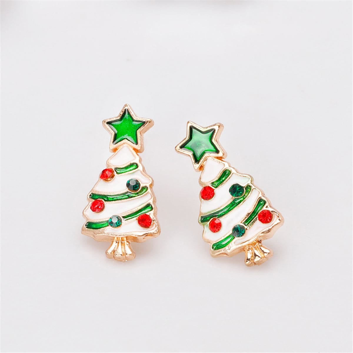 Cubic Zirconia & Enamel Goldtone Star Christmas Tree Stud Earrings