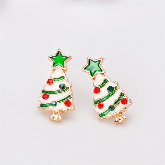 Cubic Zirconia & Enamel Goldtone Star Christmas Tree Stud Earrings