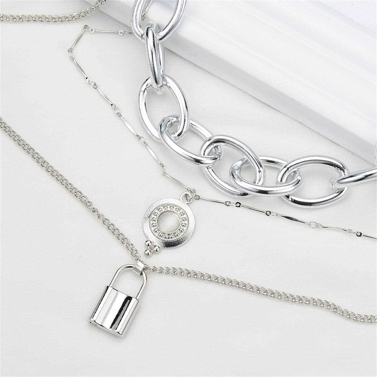Moonstone & Silvertone Latch Pendant Layered Necklace