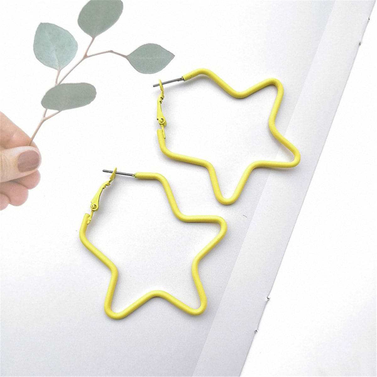 Yellow Enamel & Silvertone Star Hoop Earrings-2