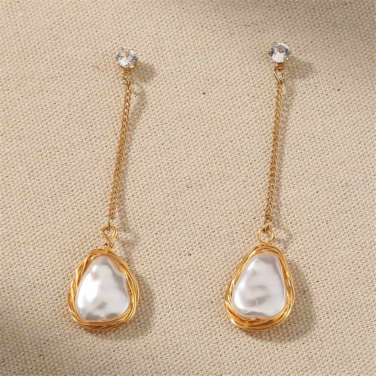 Cubic Zirconia & Pearl Goldtone Chain Drop Earrings
