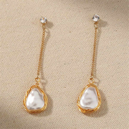 Cubic Zirconia & Pearl Goldtone Chain Drop Earrings