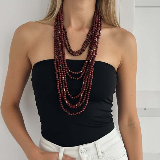 Red Wood & Goldtone Star Beaded Chain Layered Necklace