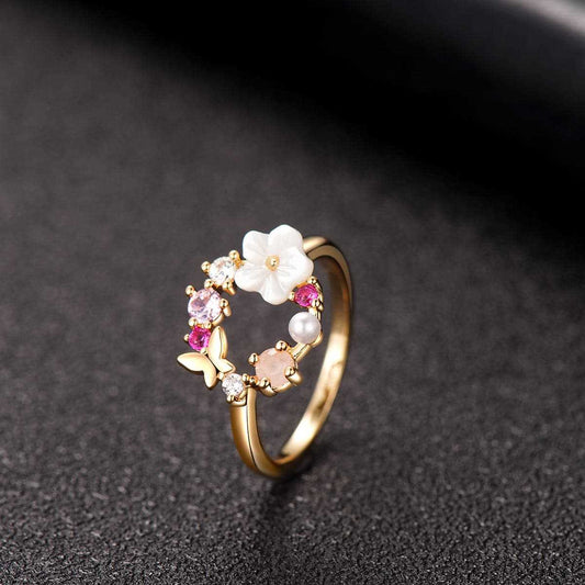Opal & Pearl Goldtone Floral Open-Circle Ring
