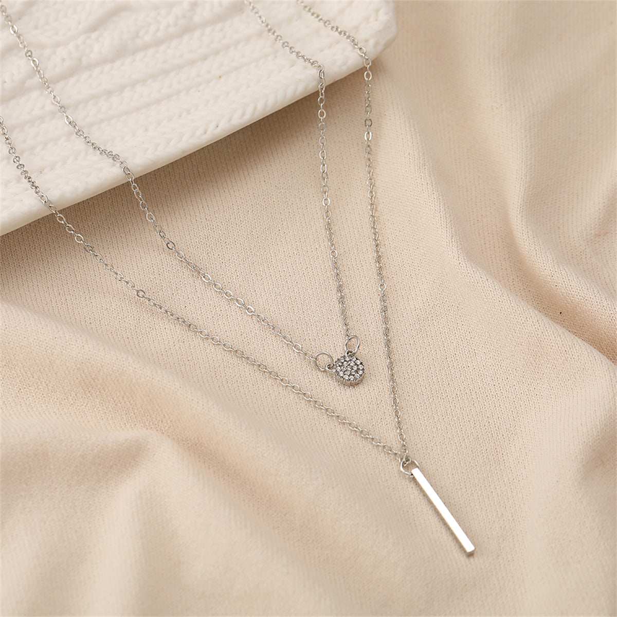 Cubic Zirconia & Silvertone Layered Bar Pendant Necklace