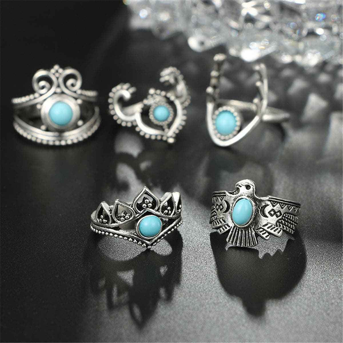Turquoise & Silvertone Crescent Moon Ring Set