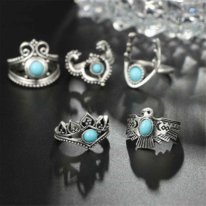 Turquoise & Silvertone Crescent Moon Ring Set