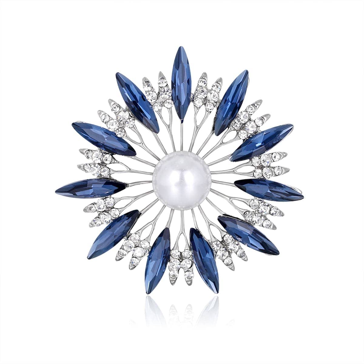 Blue Crystal & Cubic Zirconia Pearl Silvertone Sunflower Brooch