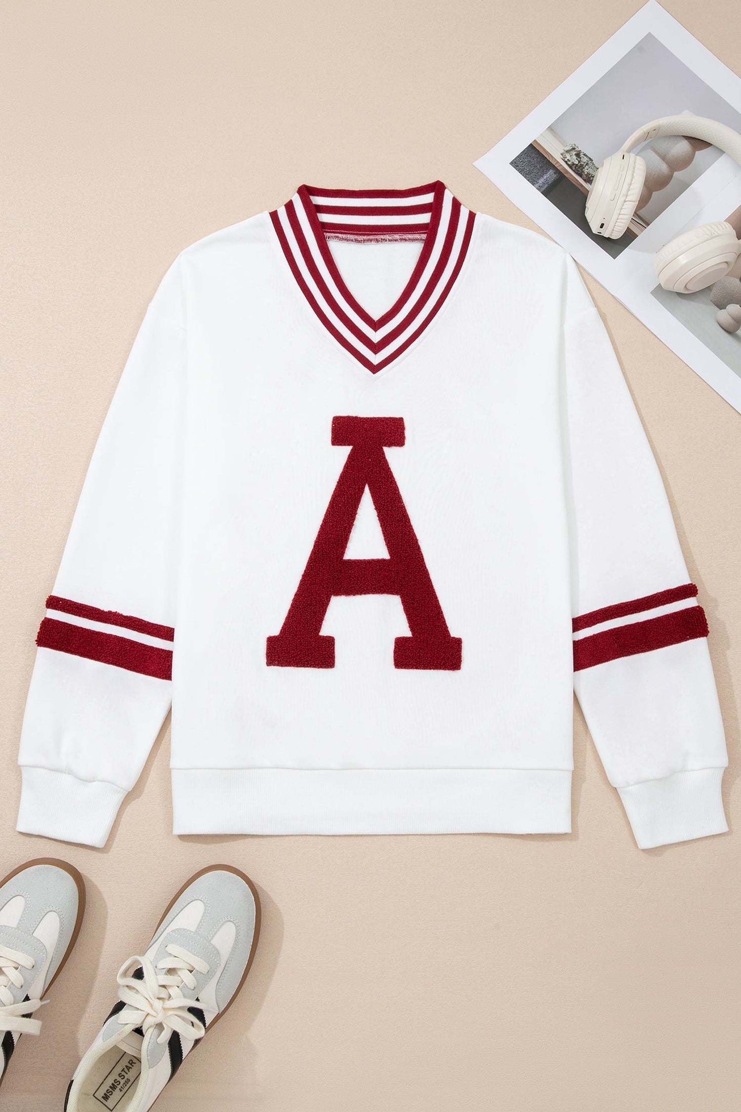 Esme Striped Puff Sleeve Sweatshirt - Red Dahlia / L - 12/14