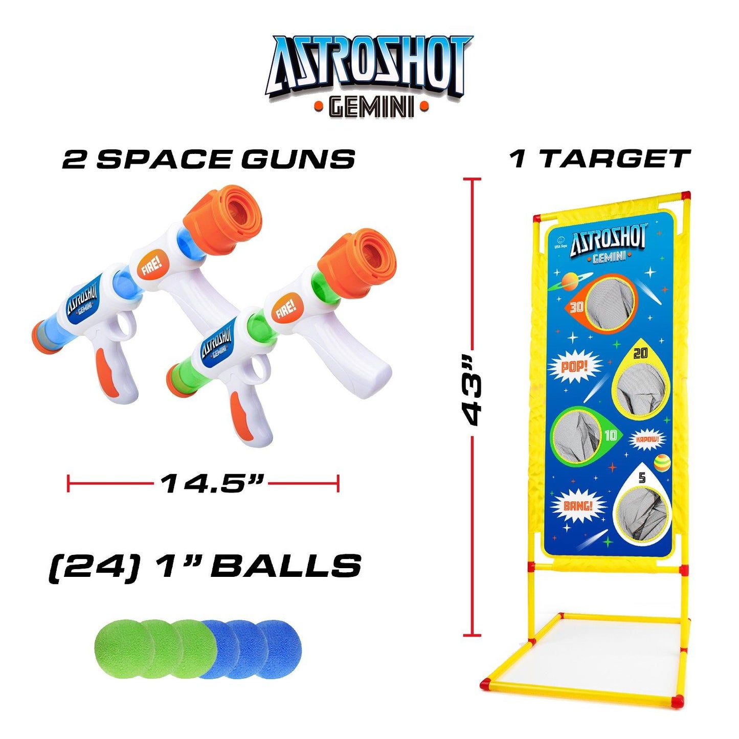 White, blue dart gun and green, blue balls-