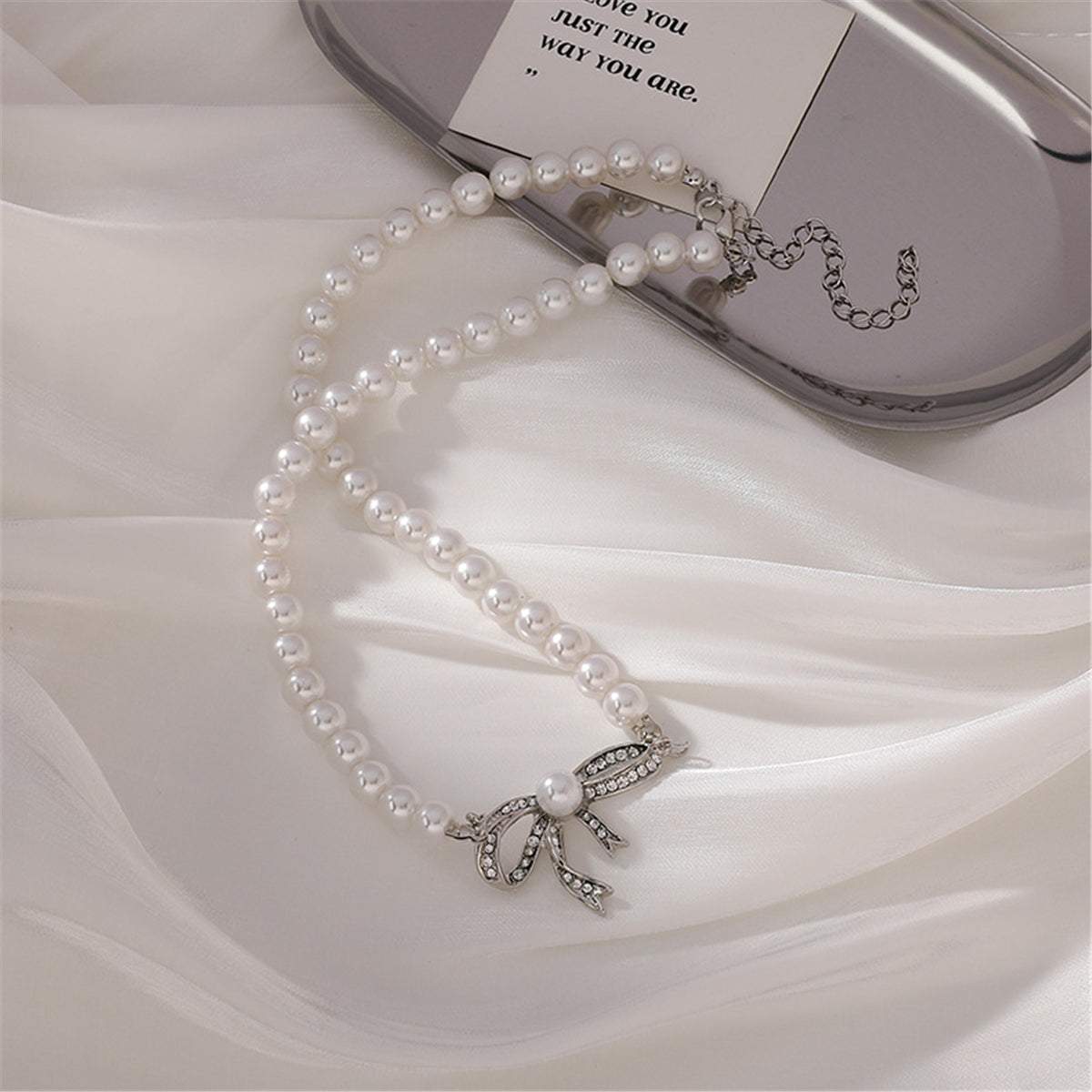 Cubic Zirconia & Pearl Beaded Bow Pendant Necklace
