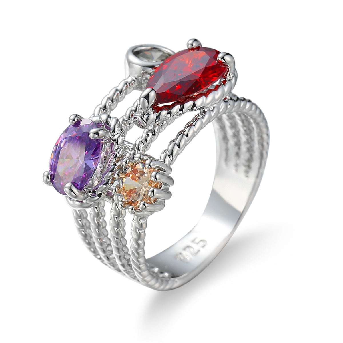 Red & Purple Cubic Zirconia & Crystal Stacked Ring-3