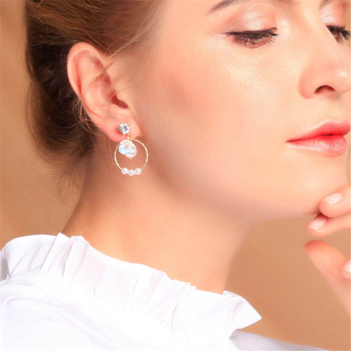 Pearl & Cubic Zirconia Goldtone Flower Ring Drop Earrings