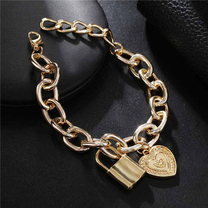 Goldtone Heart & Lock Link Charm Bracelet