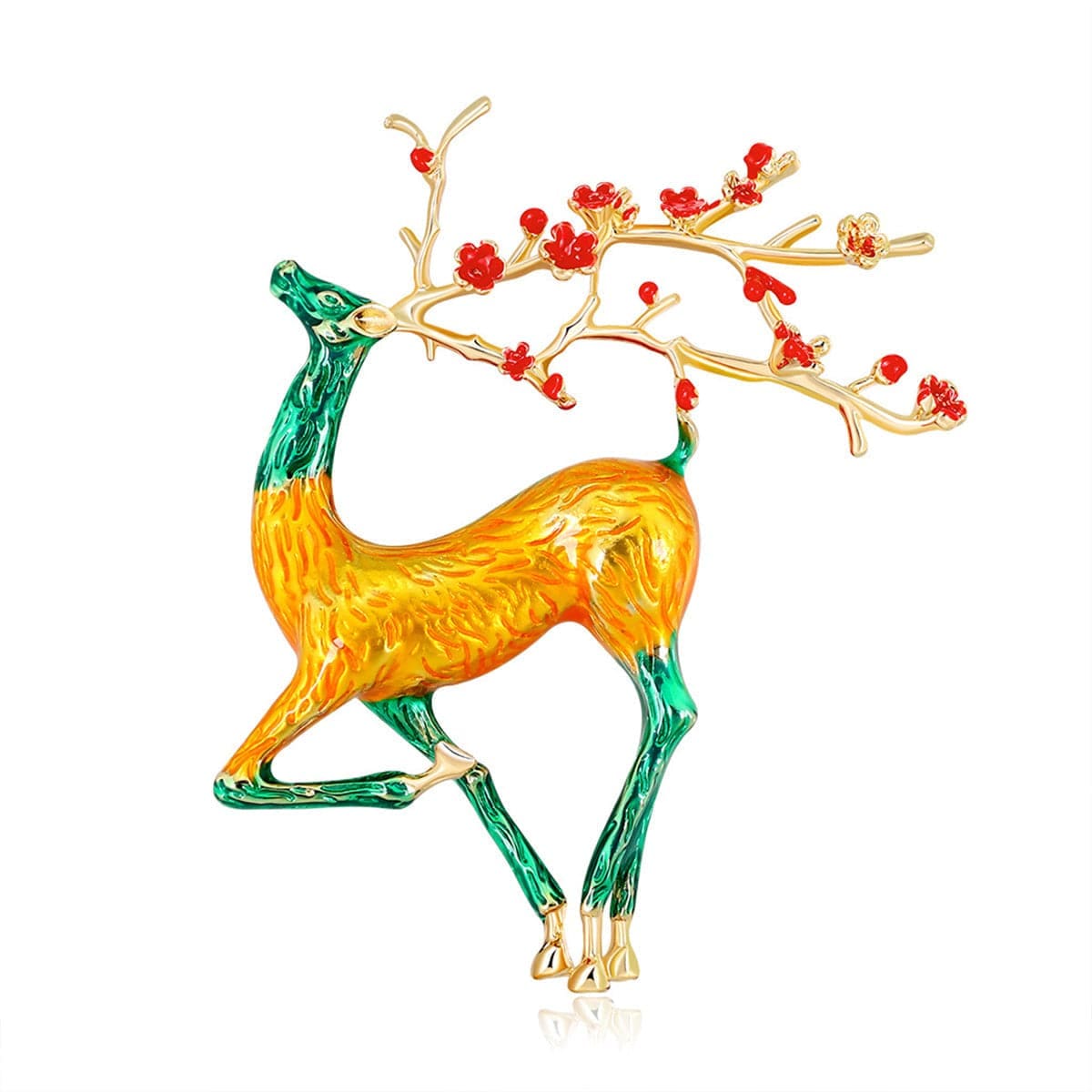 Yellow & Teal Enamel Goldtone Deer Brooch