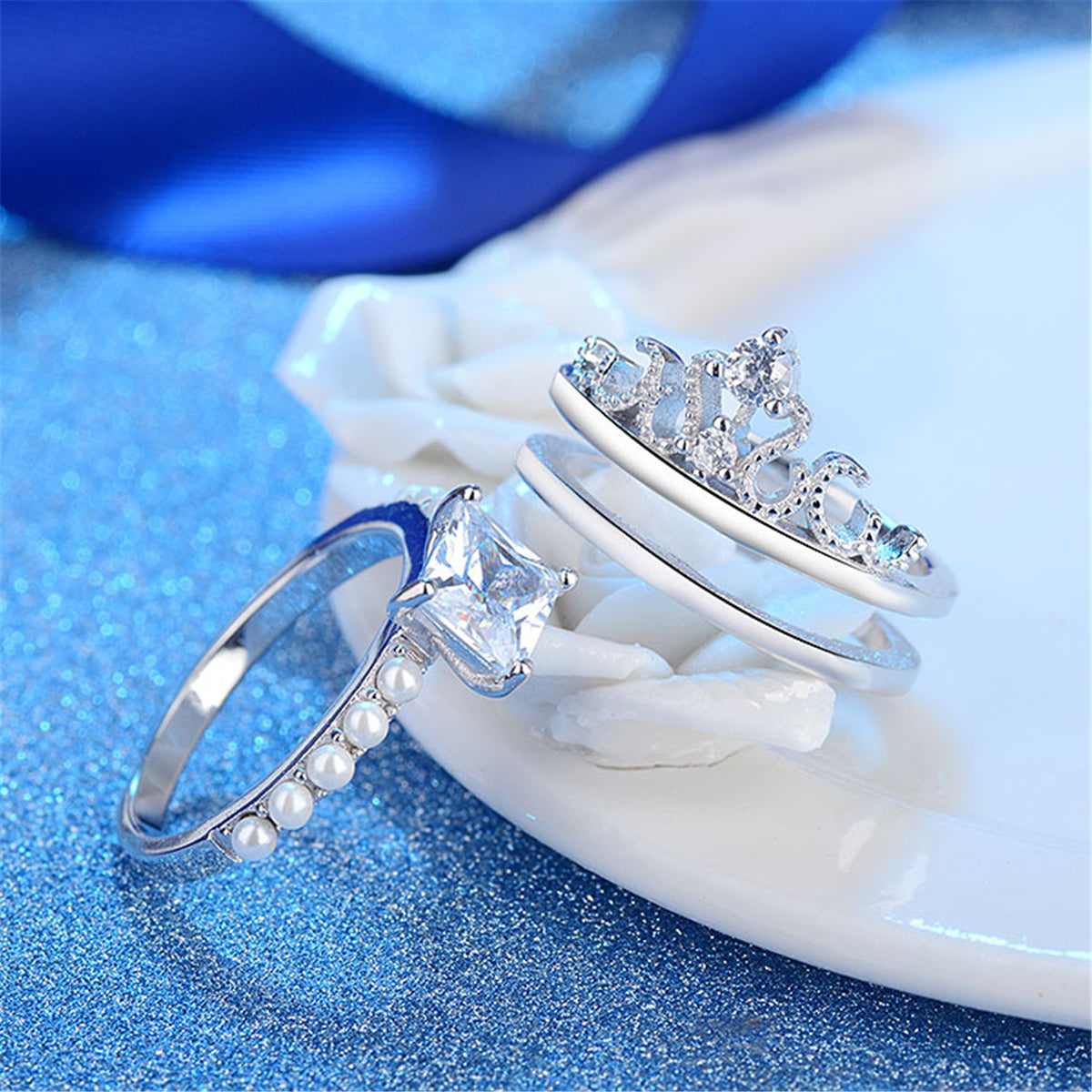 Crystal & Pearl Silvertone Princess-Cut Ring & Band Set-1