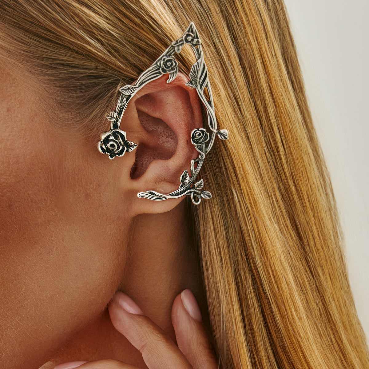Black Enamel & Silvertone Rose Ear Cuffs