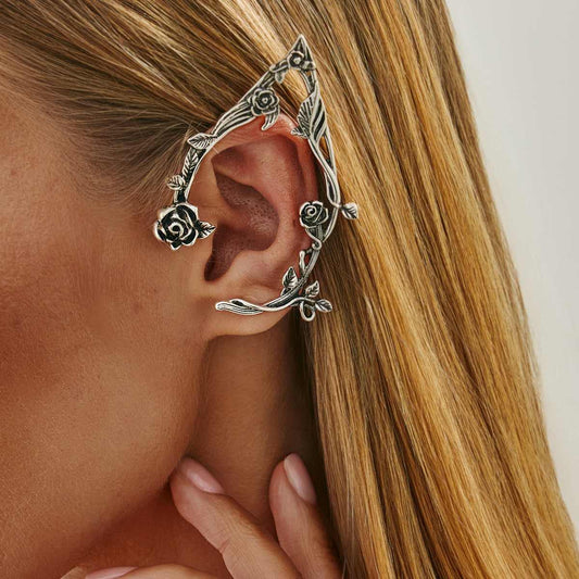 Black Enamel & Silvertone Rose Ear Cuffs
