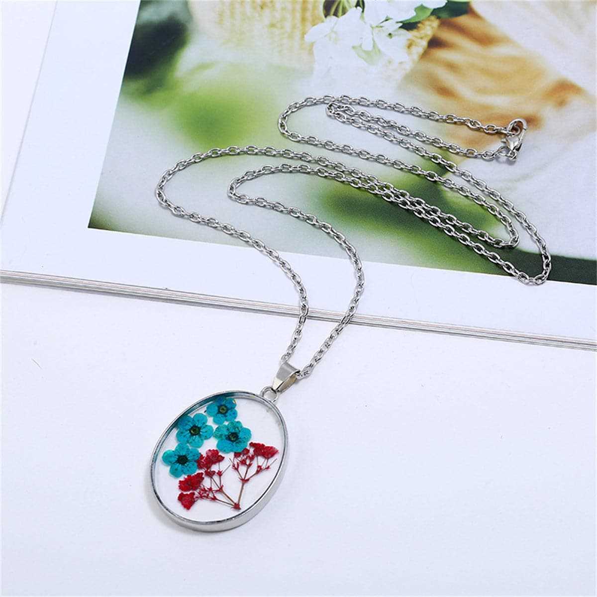 Purple Pressed Peach Blossom & Silvertone Oval Pendant Necklace