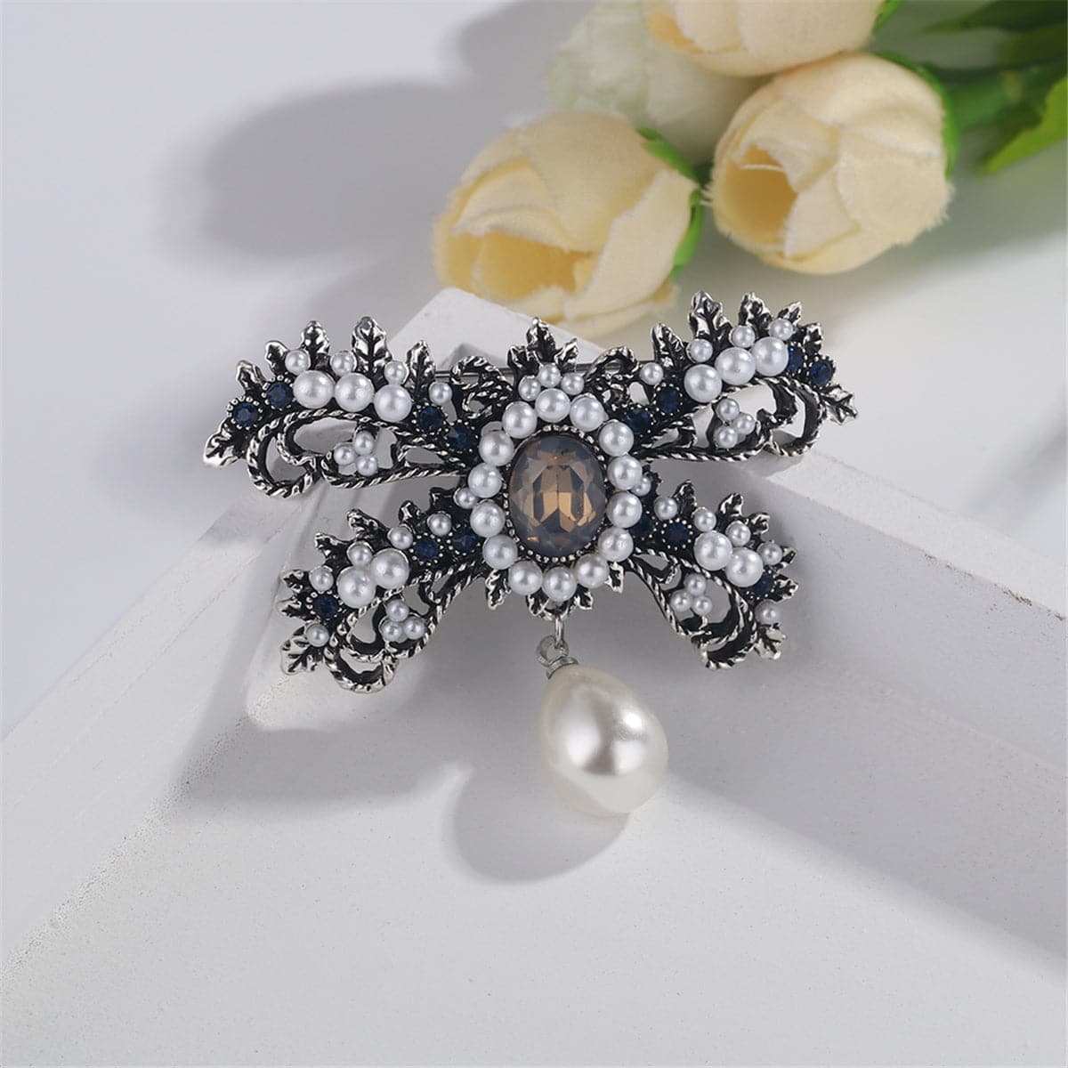 Cubic Zirconia & Silvertone Bow Brooch