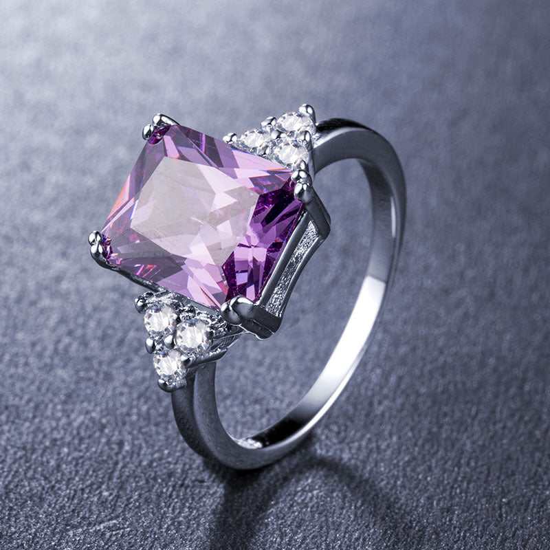 Purple Crystal & Cubic Zirconia Silvertone Princess-Cut Ring-3