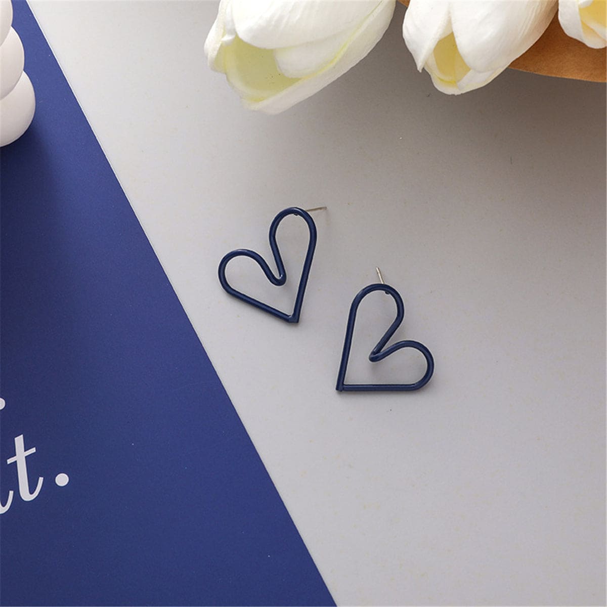Blue Enamel & Silvertone Open Heart Stud Earrings