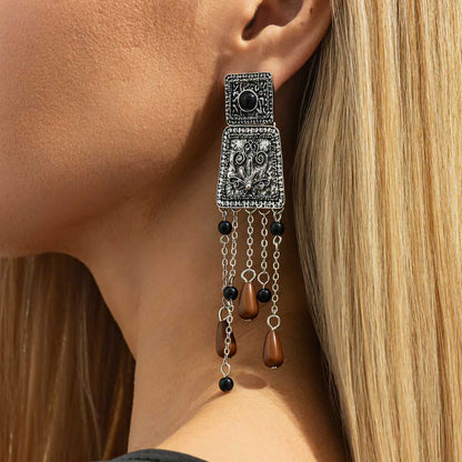 Red Resin & Silvertone Trapezoid Tassel Dangle Earrings