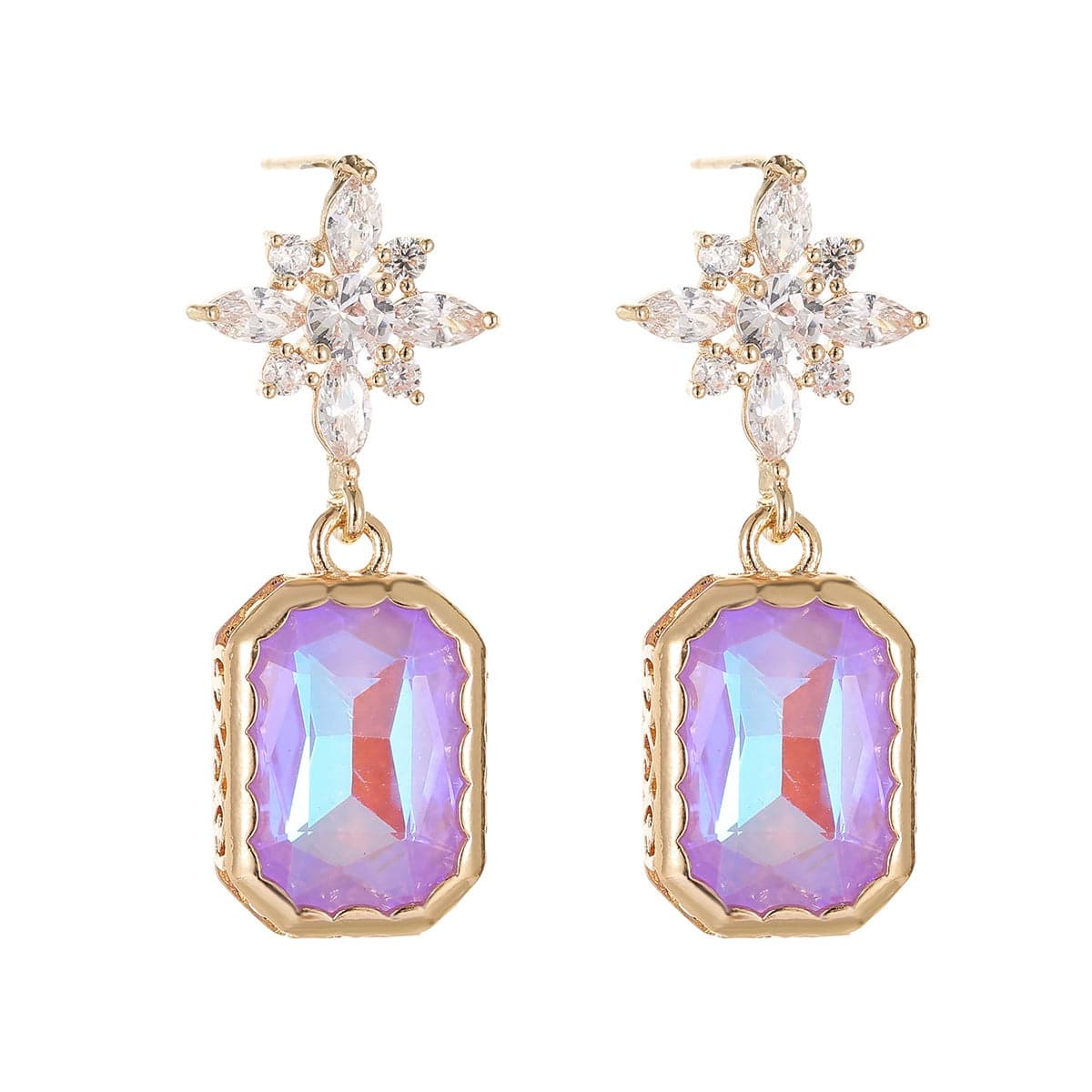 Purple Crystal & Cubic Zirconia Goldtone Star Rectangle Dangle Earrings