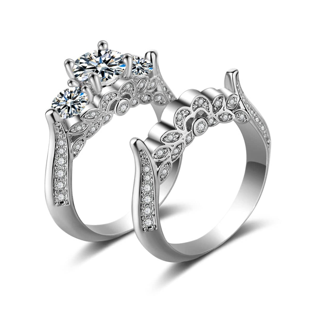 Crystal & Cubic Zirconia Silvertone Botanical Ring Set-1