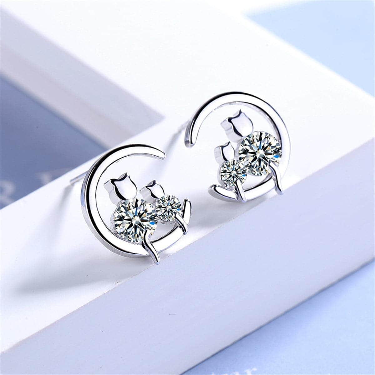 Cubic Zirconia & Silvertone Cat & Moon Stud Earrings