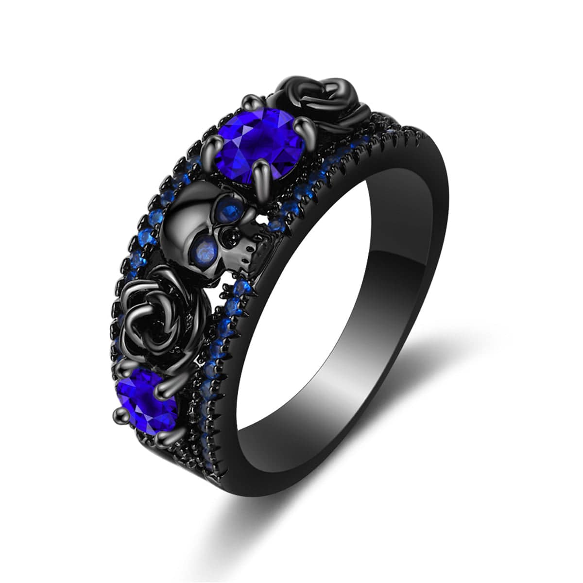 Blue Crystal & Cubic Zirconia Skull Rose Ring-1