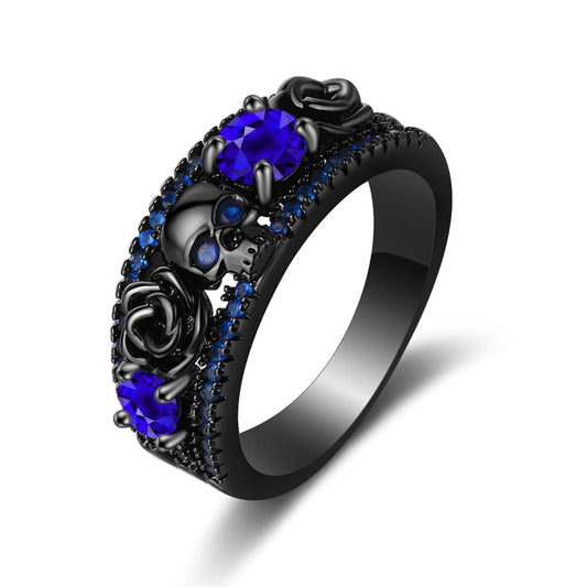Blue Crystal & Cubic Zirconia Skull Rose Ring-1
