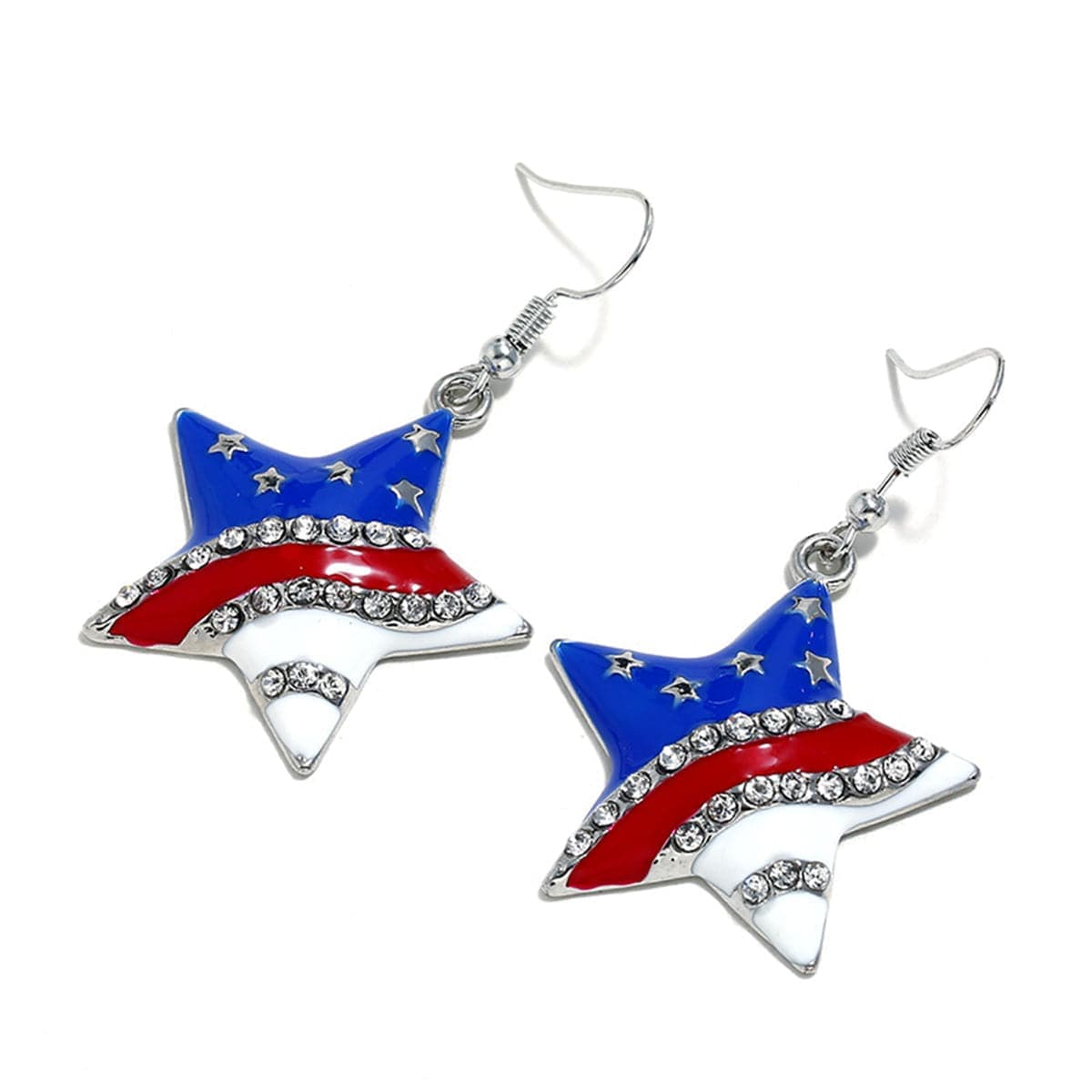 Cubic Zirconia & Silvertone Flag Star Drop Earrings
