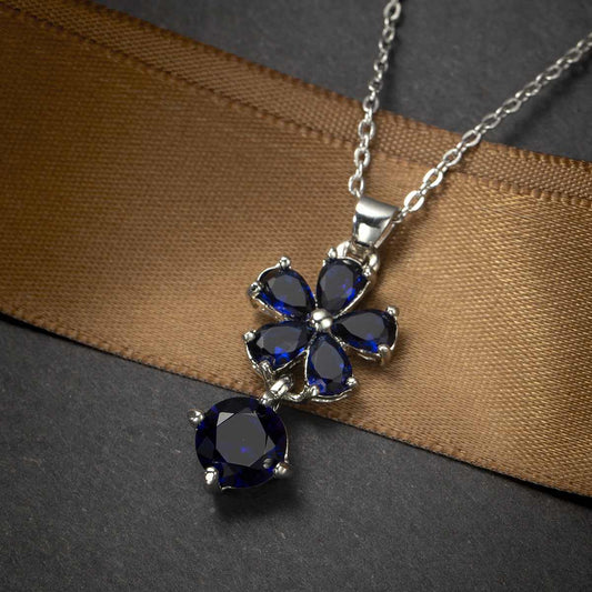 Navy Crystal & Silvertone Floral Pendant Necklace