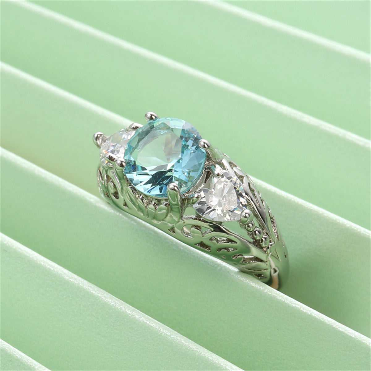 Sea Blue Crystal & Silvertone Round-Cut Ring-3
