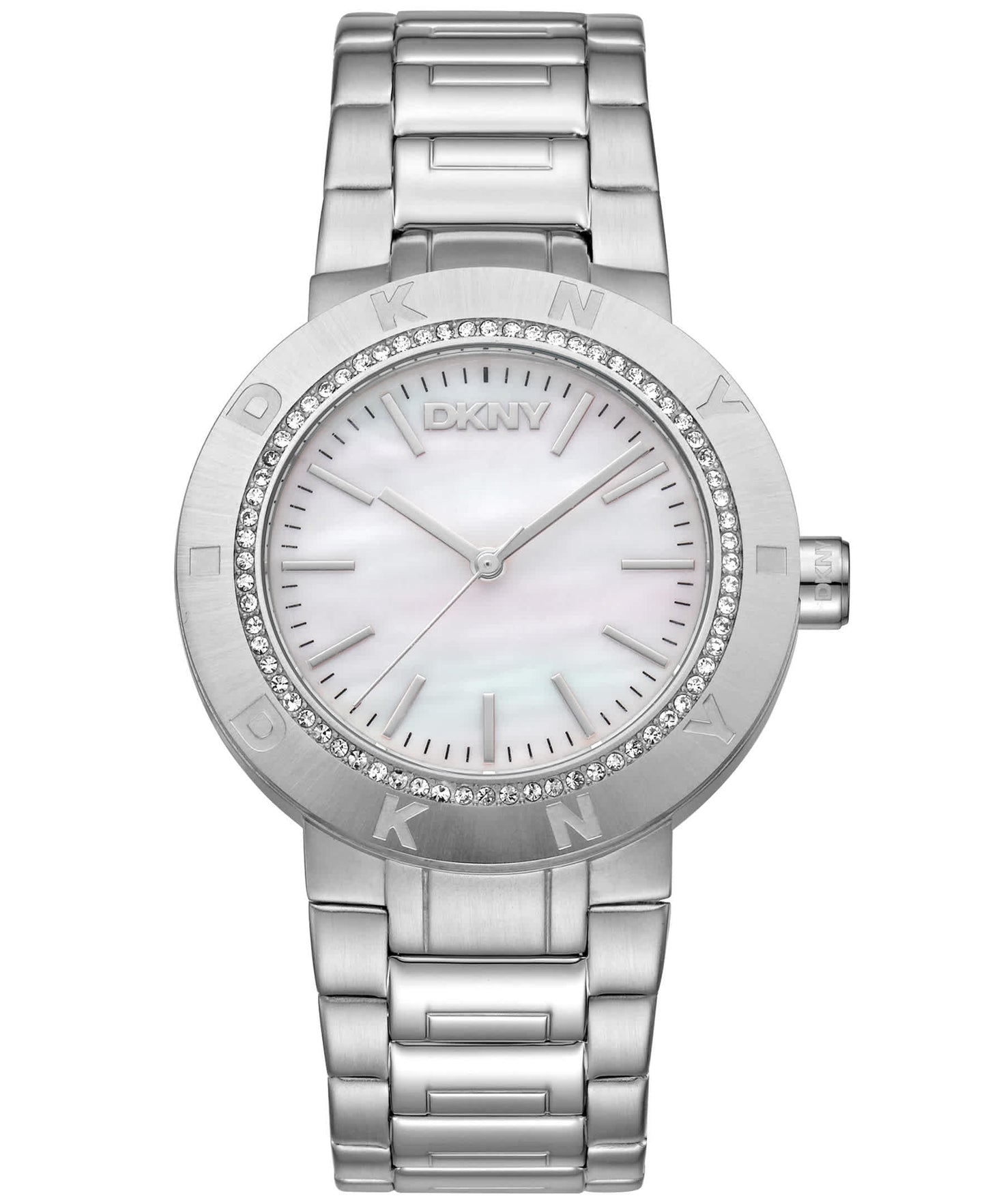 Dkny Women Watch, Silver Color Case, White MOP Dial, Stainless Steel Metal Bracelet, 3 Hands, 5 Atm