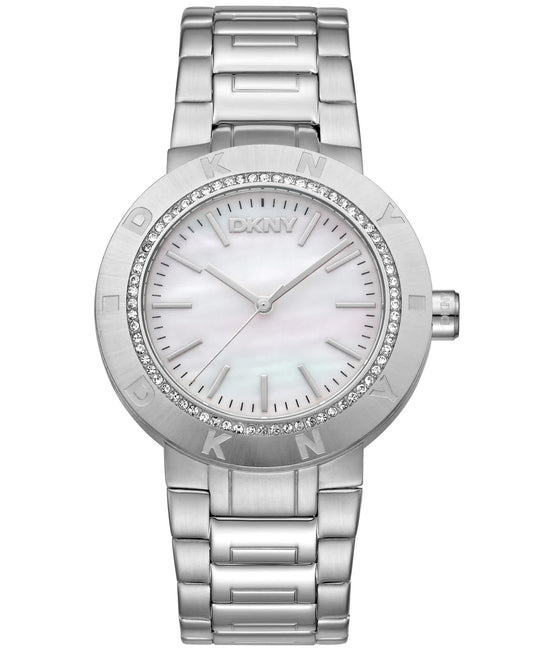 Dkny Women Watch, Silver Color Case, White MOP Dial, Stainless Steel Metal Bracelet, 3 Hands, 5 Atm